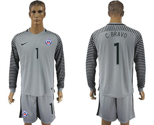 Chile #1 C.Bravo Grey Goalkeeper Long Sleeves Soccer Country Jersey
